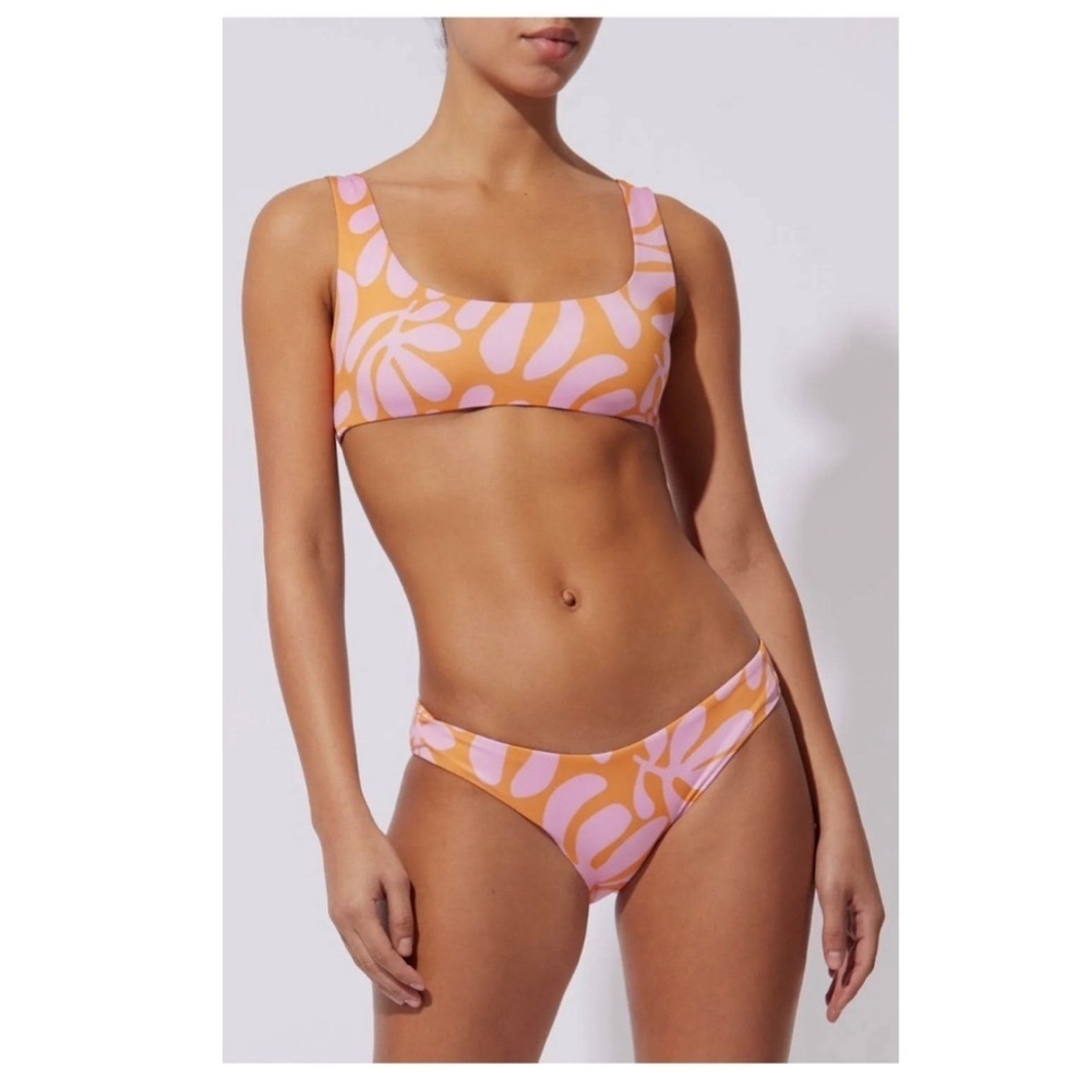 (SET) Solid & Striped Belle/Elle Bikini in Pink/Orange Leaf Print- Small.